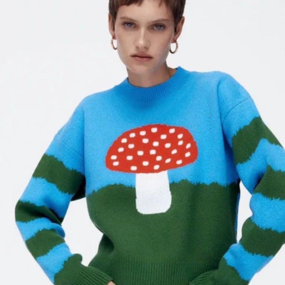 Zara Red Polkadot Mushroom Sweater Size Medium